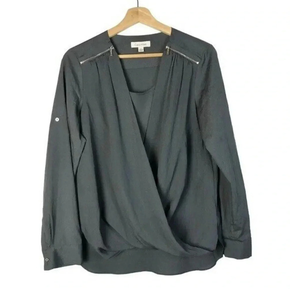 Calvin Klein Charcoal Gray Wrap Front Roll Tab Sleeve Blouse S - Picture 1 of 4